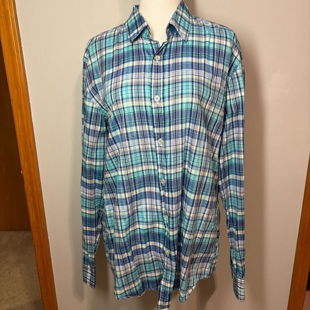 BOSS Hugo Boss slim fit cotton blue‎ plaid button down shirt size L